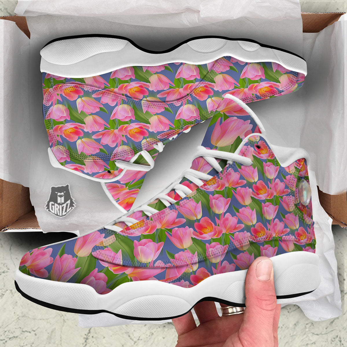 Watercolor Tulip Pink Print Pattern White Basketball Shoes-grizzshop