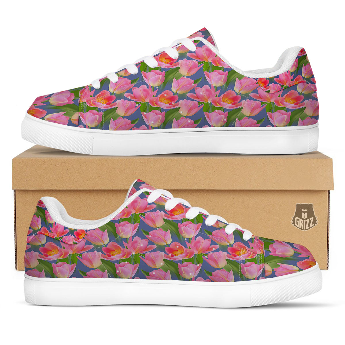 Watercolor Tulip Pink Print Pattern White Low Top Sneakers-grizzshop