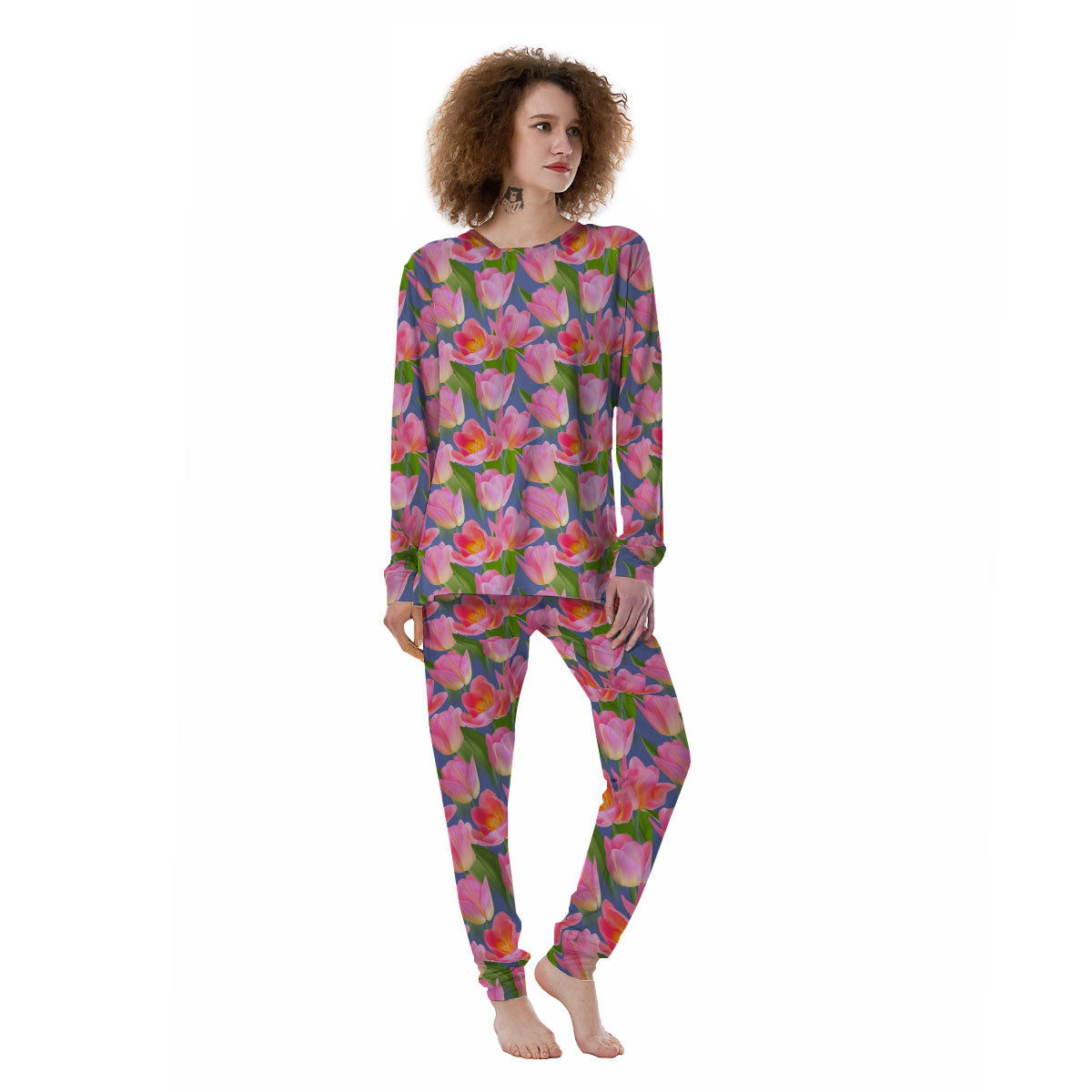 Watercolor Tulip Pink Print Pattern Women's Pajamas-grizzshop