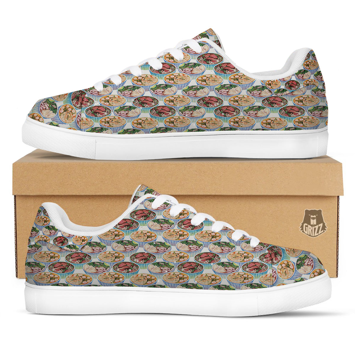 Watercolor Vietnamese Pho Print Pattern White Low Top Sneakers-grizzshop