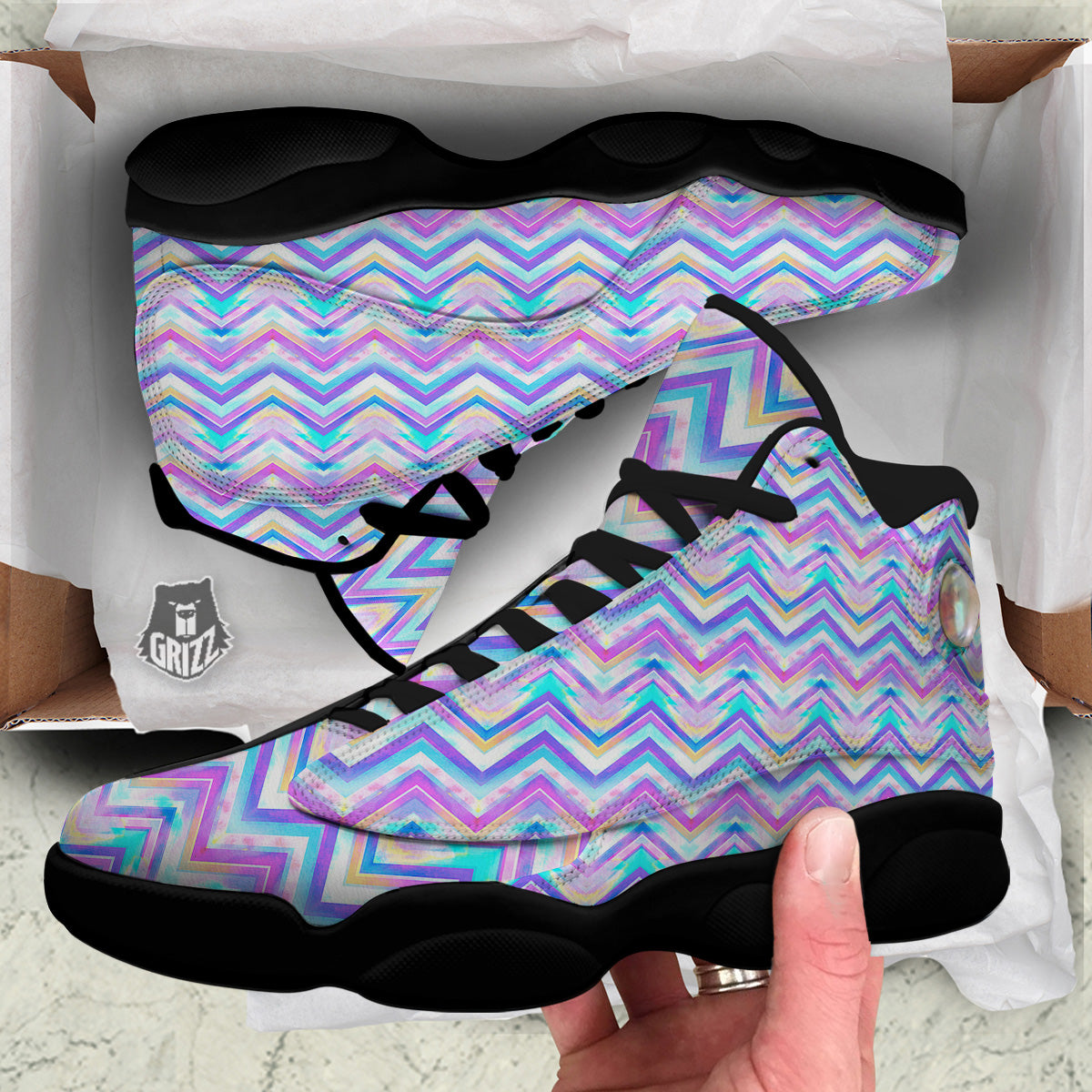 Watercolor Zig Zag Ornament Print Pattern Black Basketball Shoes-grizzshop