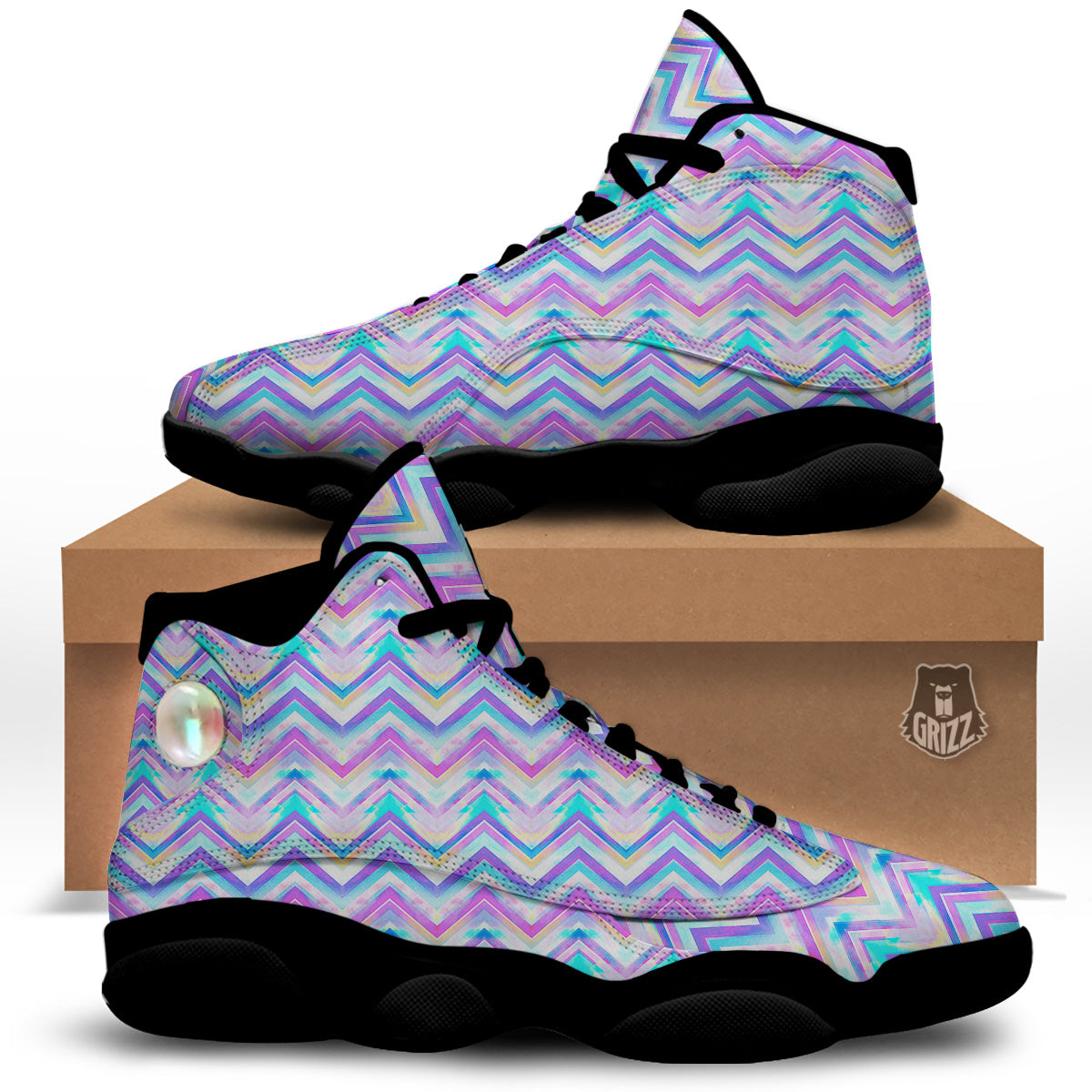 Watercolor Zig Zag Ornament Print Pattern Black Basketball Shoes-grizzshop