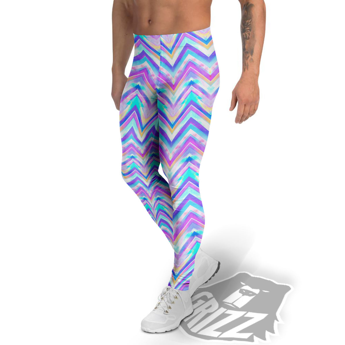 Watercolor Zig Zag Ornament Print Pattern Men's Leggings-grizzshop