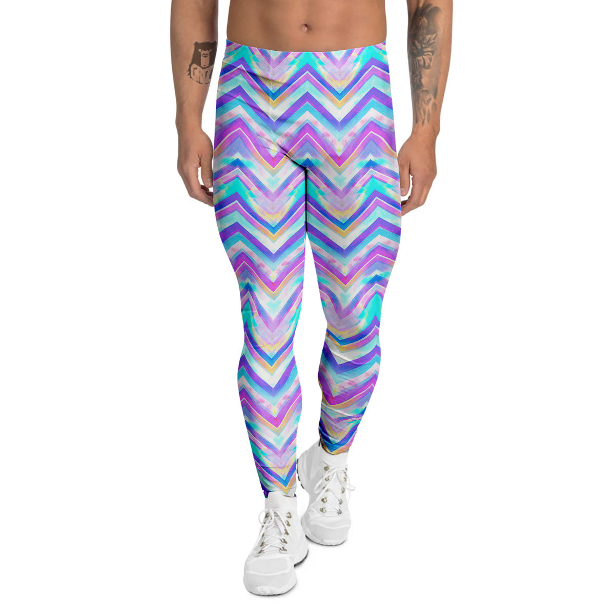Watercolor Zig Zag Ornament Print Pattern Men's Leggings-grizzshop