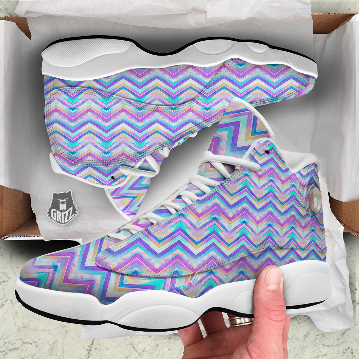 Watercolor Zig Zag Ornament Print Pattern White Basketball Shoes-grizzshop