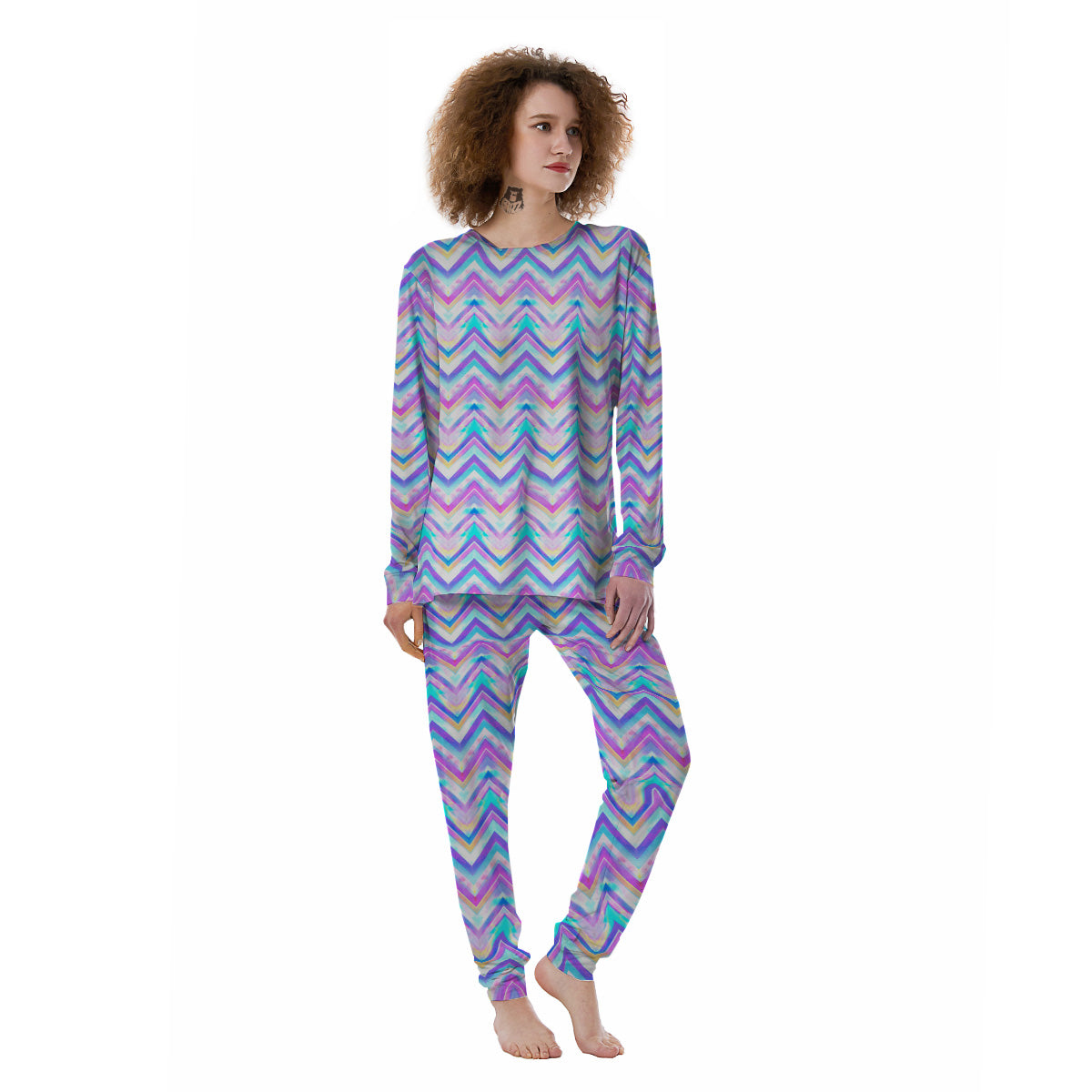 Watercolor Zig Zag Ornament Print Pattern Women's Pajamas-grizzshop