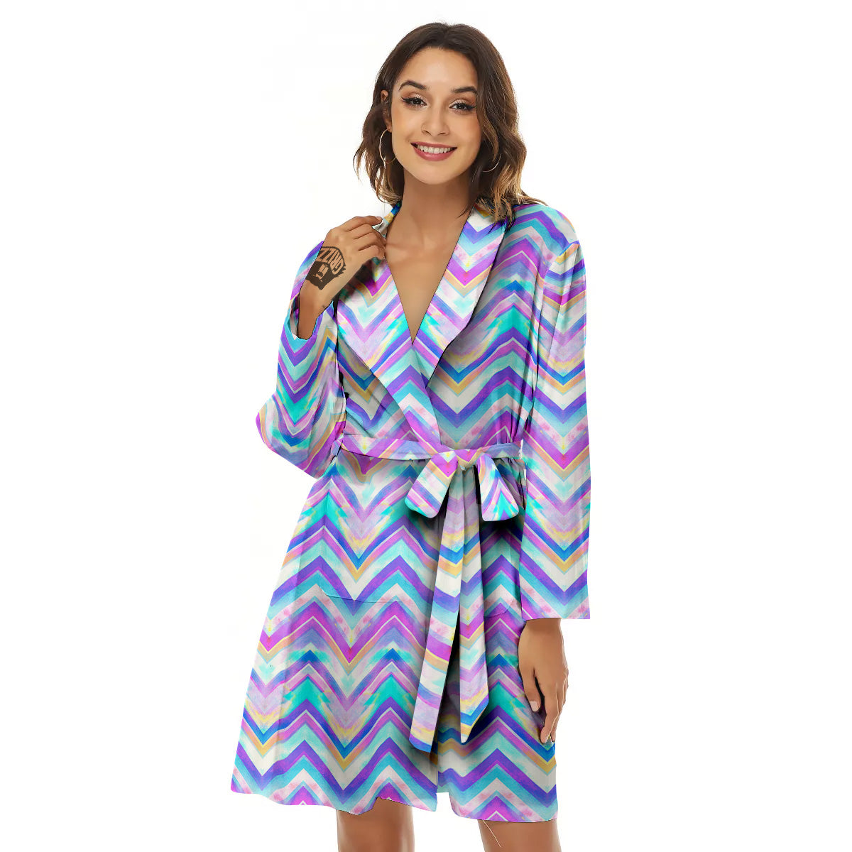 Watercolor Zig Zag Ornament Print Pattern Women's Robe-grizzshop
