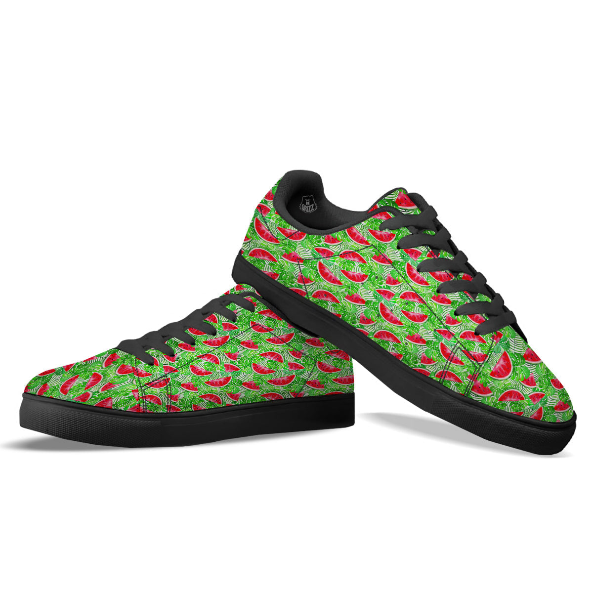 Watermelon Aloha Tropical Print Pattern Black Low Top Sneakers-grizzshop