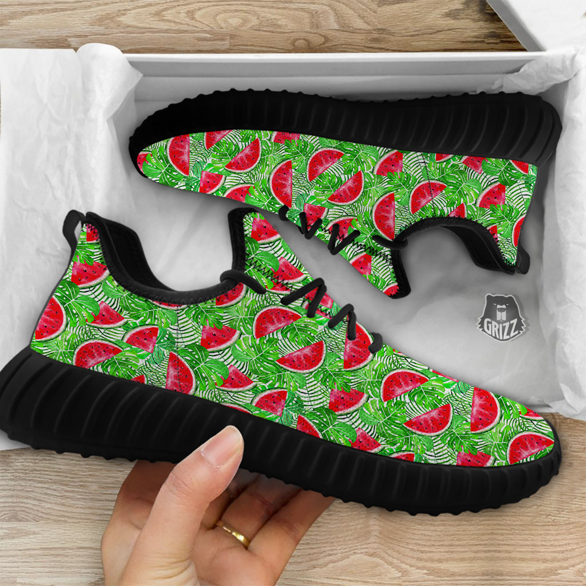 Watermelon Aloha Tropical Print Pattern Black Walking Shoes-grizzshop