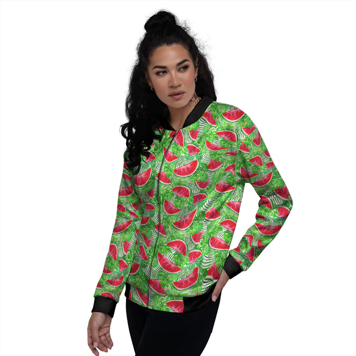 Watermelon Aloha Tropical Print Pattern Women's Bomber Jacket-grizzshop