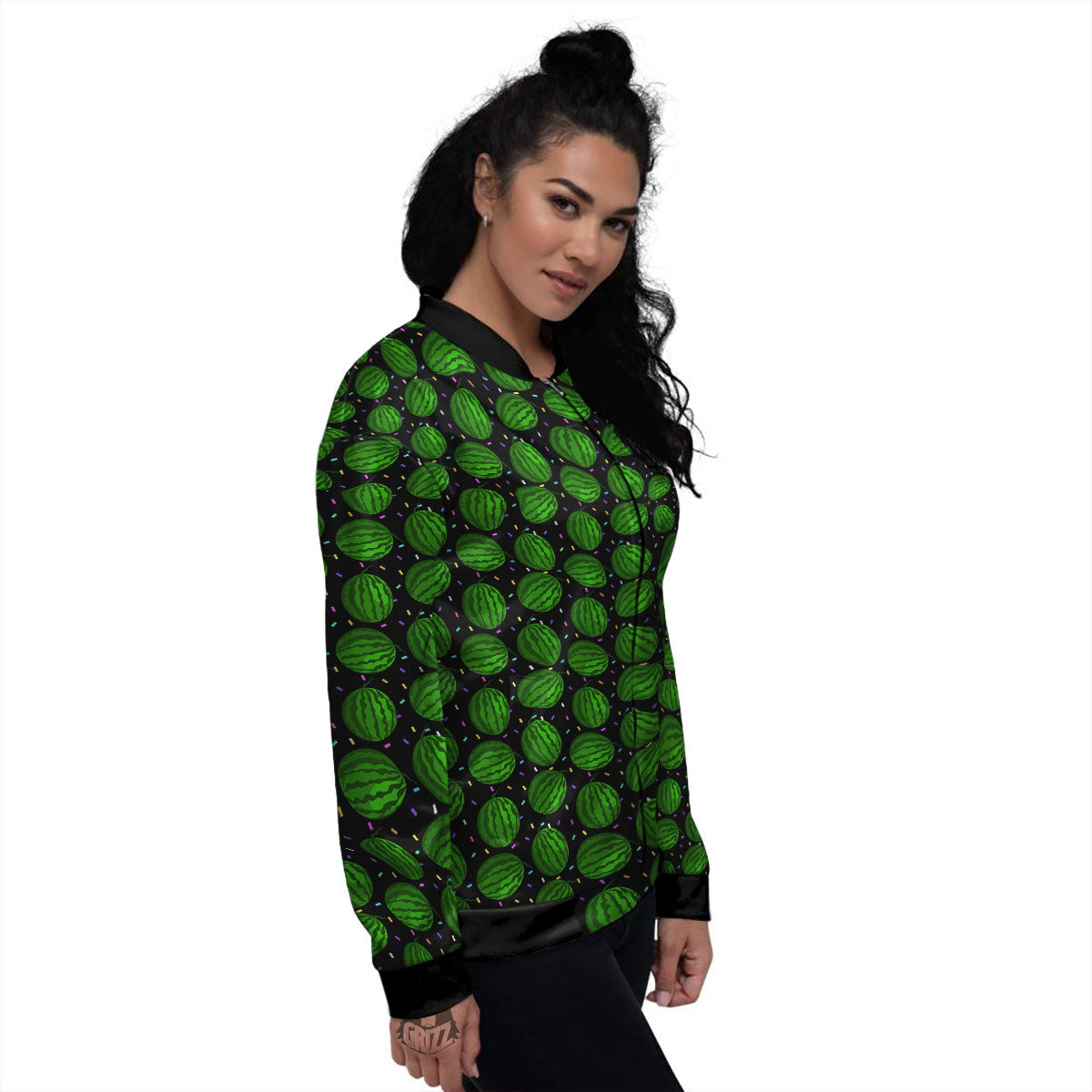 Watermelon Black Cute Print Pattern Women's Bomber Jacket-grizzshop