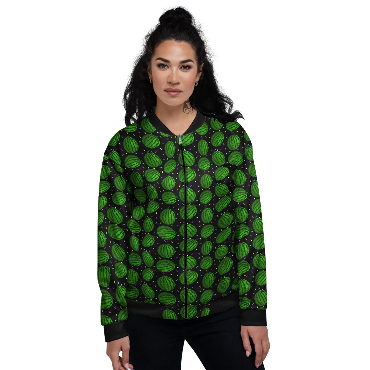 Watermelon Black Cute Print Pattern Women's Bomber Jacket-grizzshop