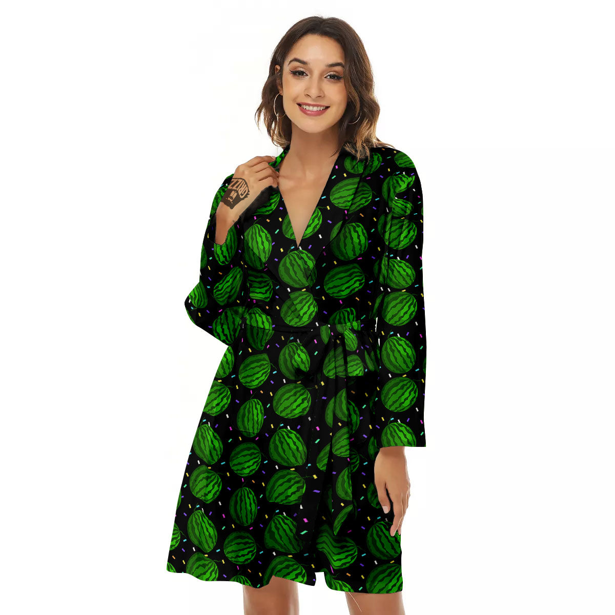Watermelon Black Cute Print Pattern Women's Robe-grizzshop
