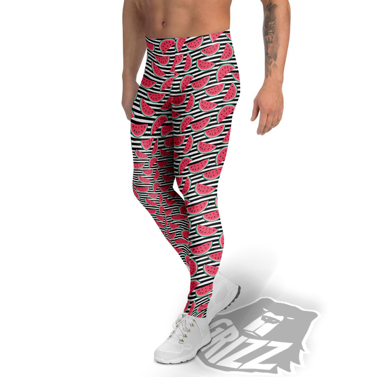 Watermelon Black Striped Print Pattern Men's Leggings-grizzshop