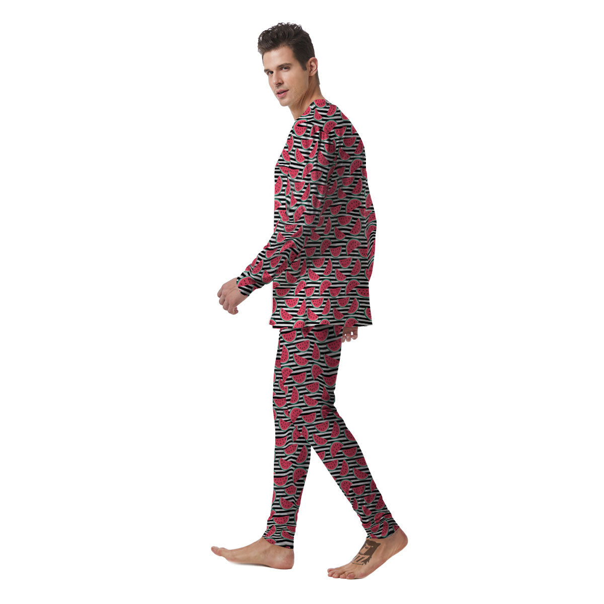 Watermelon Black Striped Print Pattern Men's Pajamas-grizzshop