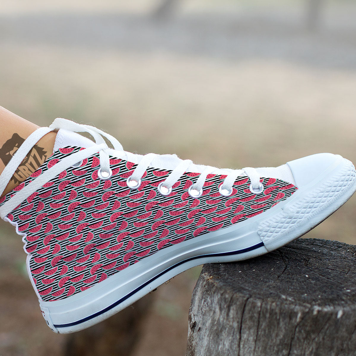 Watermelon Black Striped Print Pattern White High Top Shoes-grizzshop