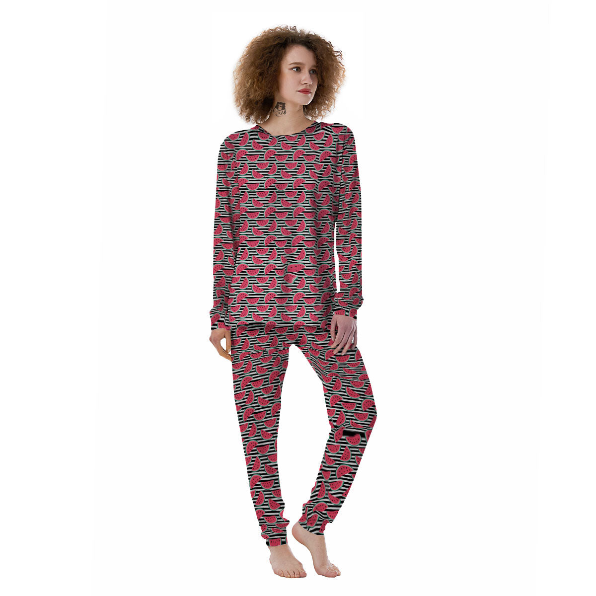 Watermelon Black Striped Print Pattern Women's Pajamas-grizzshop