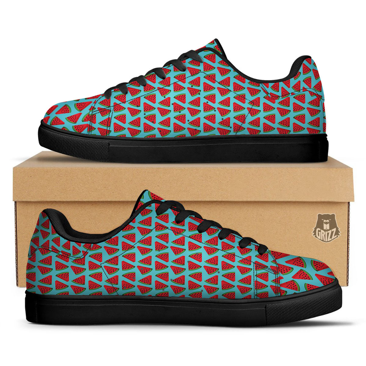 Watermelon Blue Cute Print Pattern Black Low Top Sneakers-grizzshop