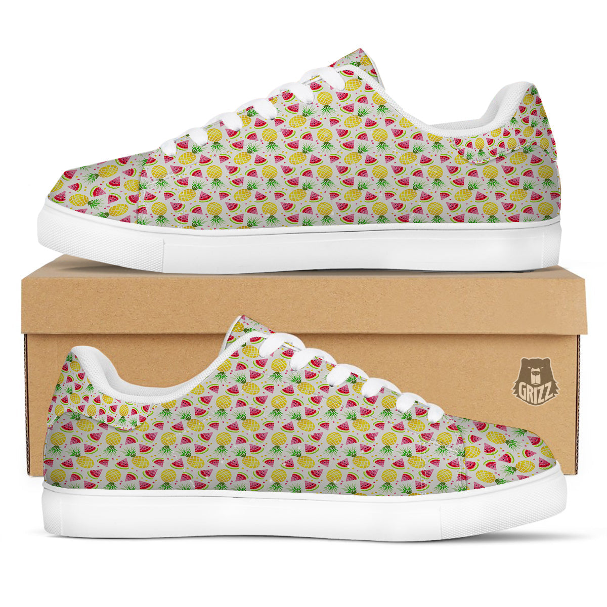 Watermelon Cute Pineapple Print Pattern White Low Top Sneakers-grizzshop