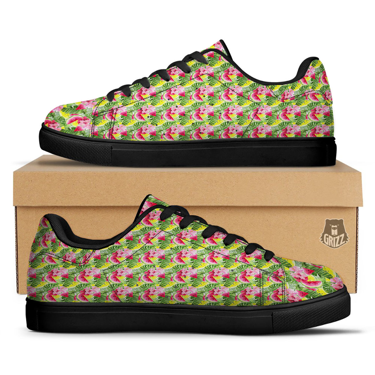 Watermelon Cute Tropical Print Pattern Black Low Top Sneakers-grizzshop