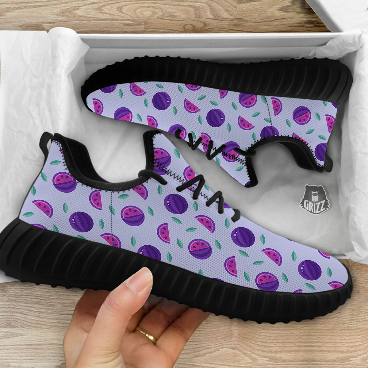 Watermelon Fancy Purple Print Pattern Black Walking Shoes-grizzshop