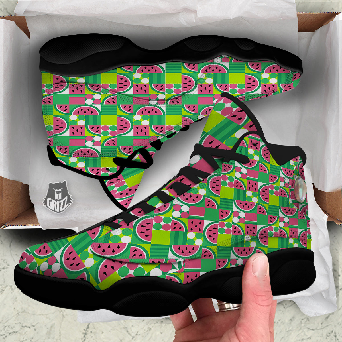 Watermelon Fruit Slice Geometric Print Black Basketball Shoes-grizzshop