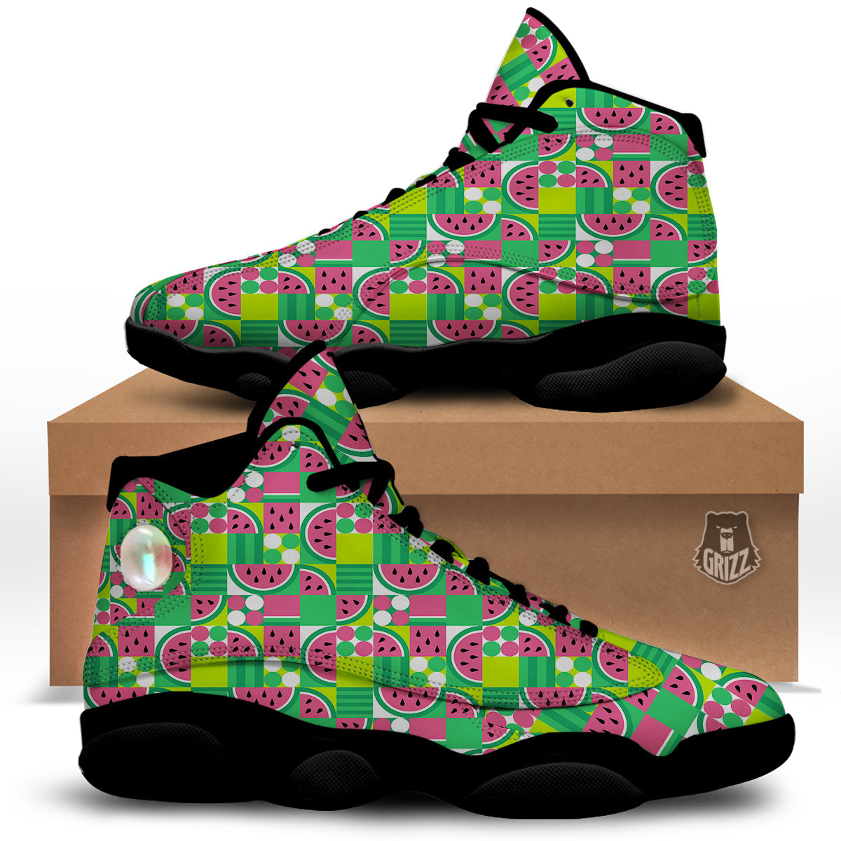 Watermelon Fruit Slice Geometric Print Black Basketball Shoes-grizzshop