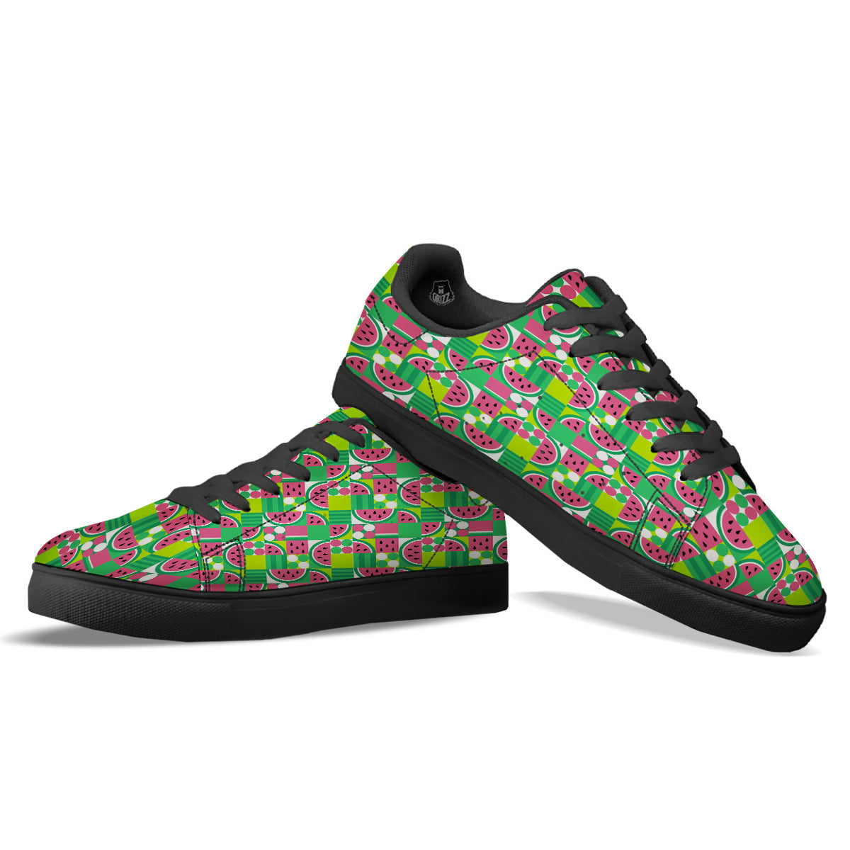 Watermelon Fruit Slice Geometric Print Black Low Top Sneakers-grizzshop