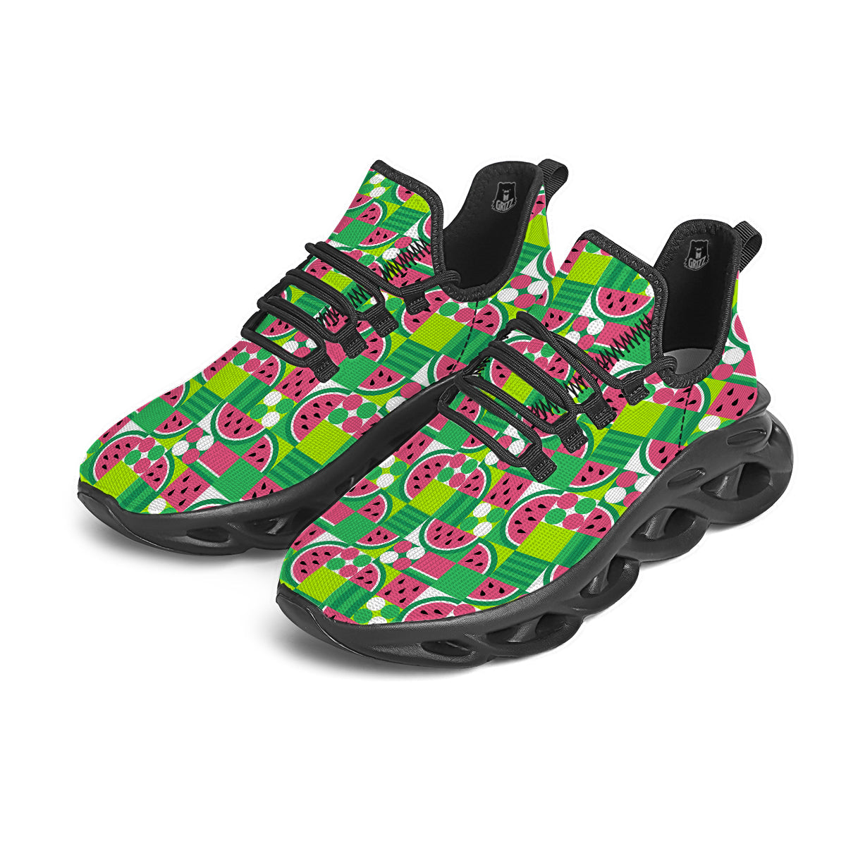 Watermelon Fruit Slice Geometric Print Black Running Shoes-grizzshop