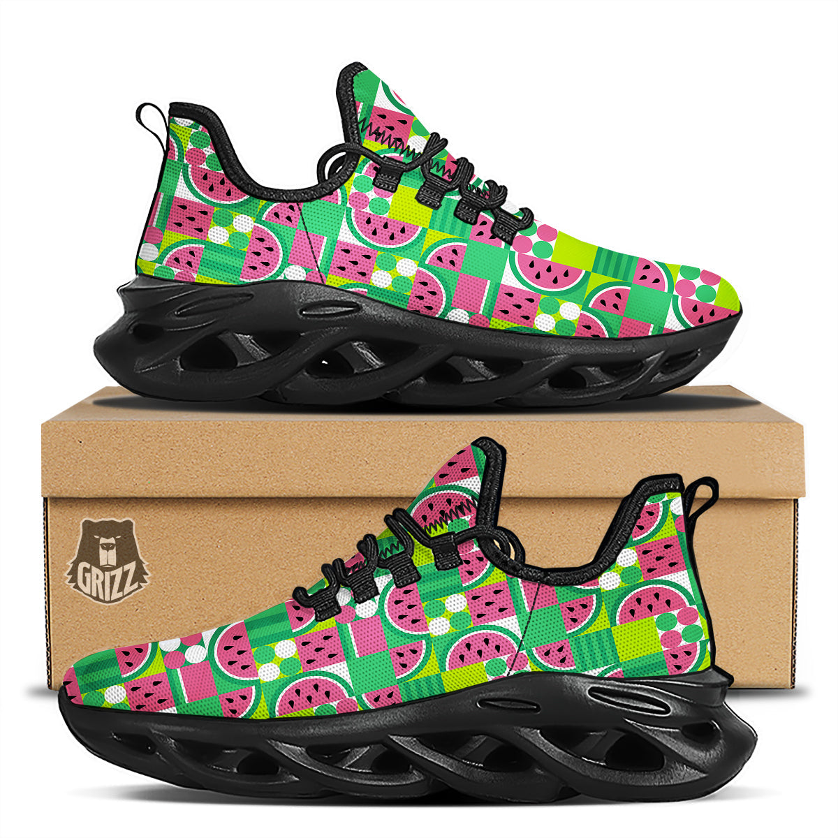 Watermelon Fruit Slice Geometric Print Black Running Shoes-grizzshop