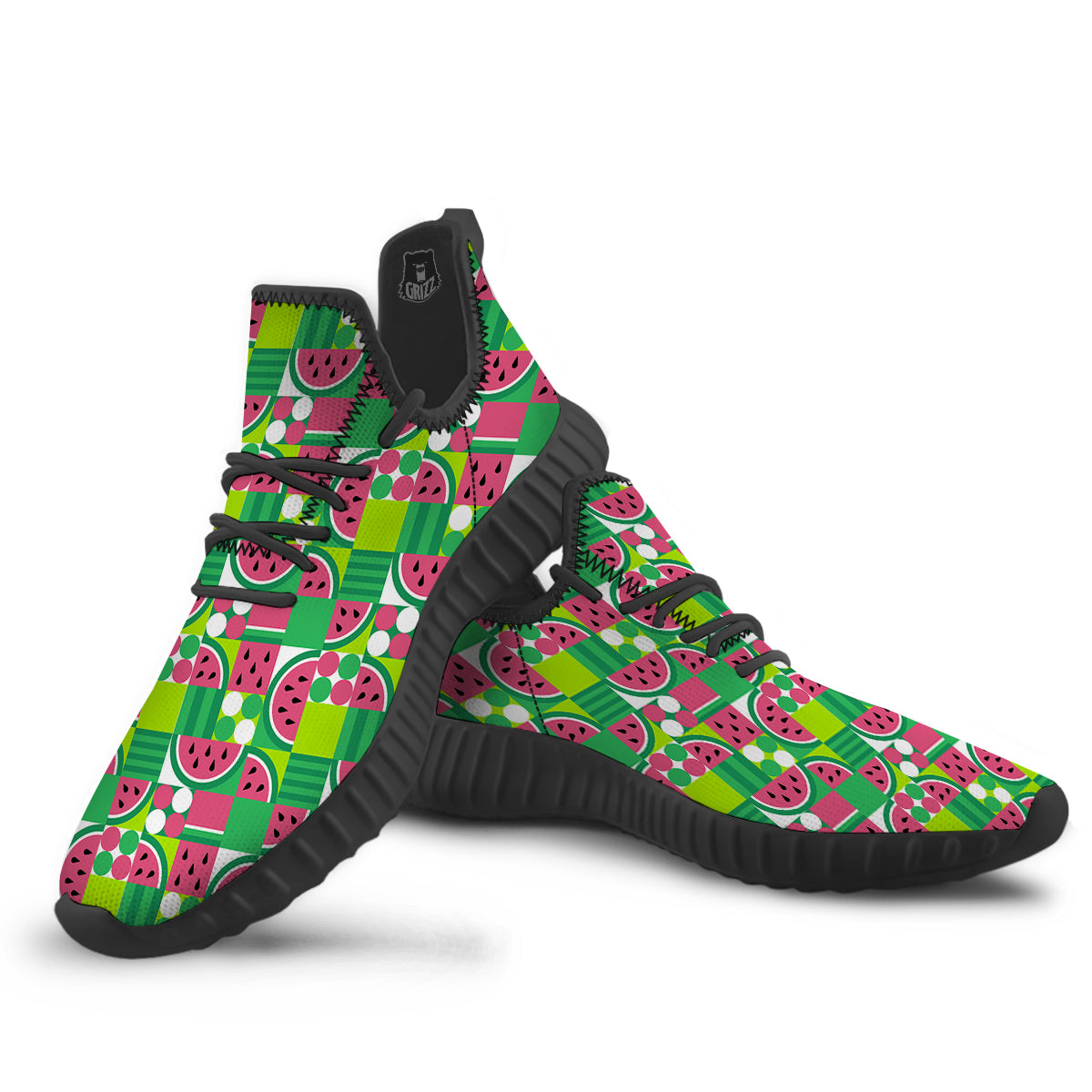 Watermelon Fruit Slice Geometric Print Black Walking Shoes-grizzshop