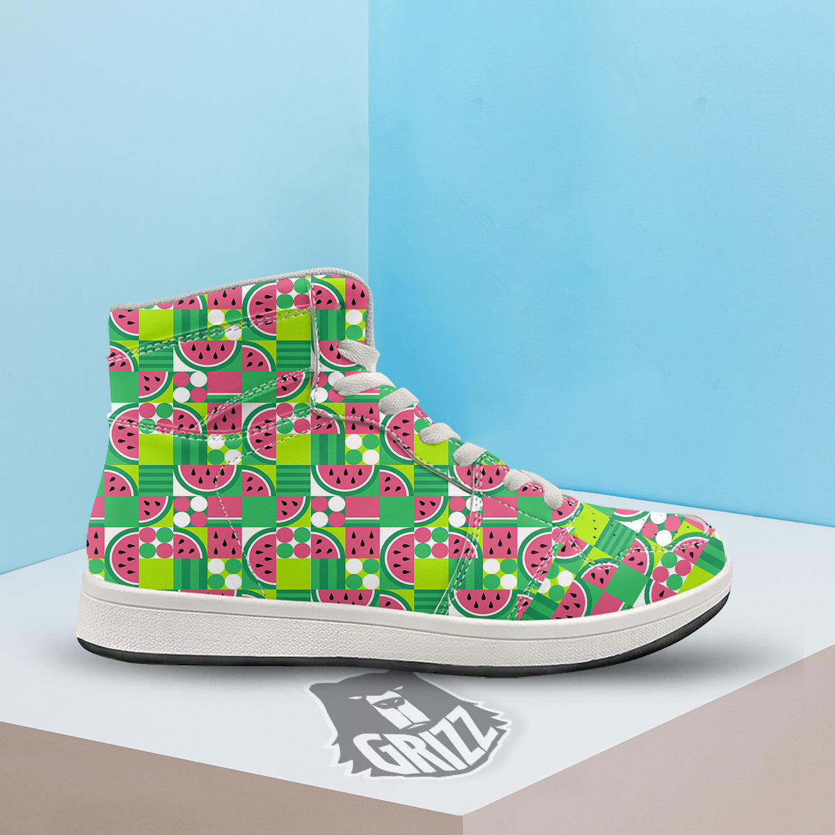 Watermelon Fruit Slice Geometric Print High Top Sneakers-grizzshop