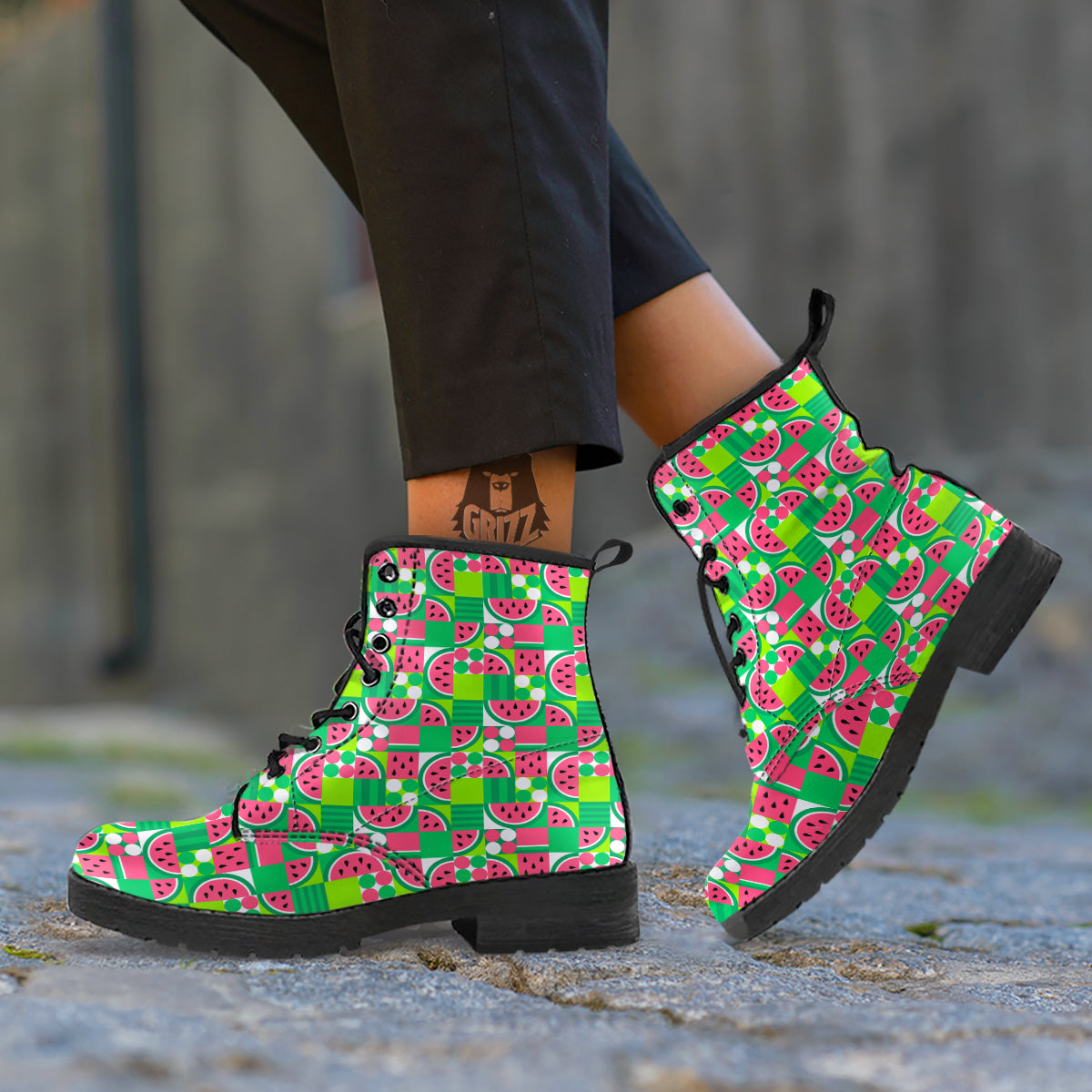 Watermelon Fruit Slice Geometric Print Leather Boots-grizzshop