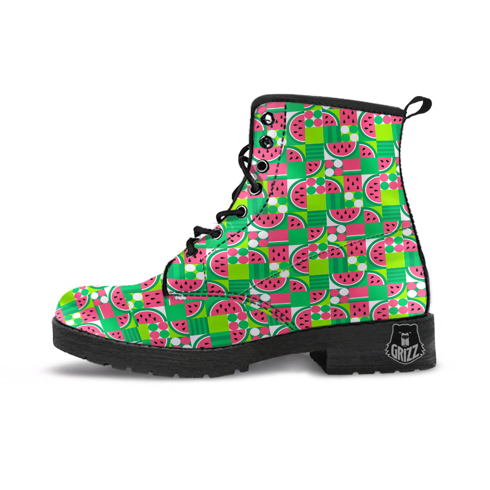 Watermelon Fruit Slice Geometric Print Leather Boots-grizzshop