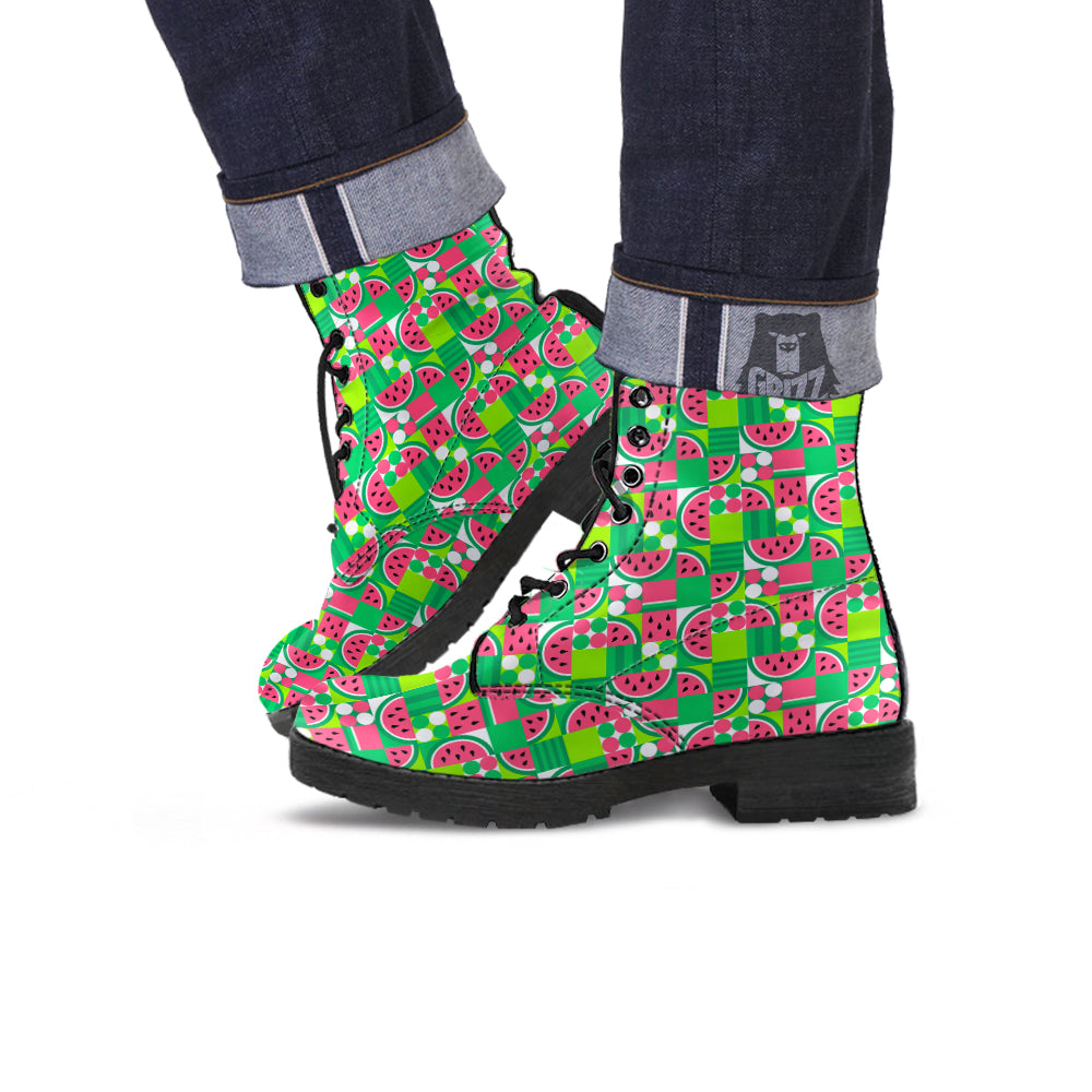 Watermelon Fruit Slice Geometric Print Leather Boots-grizzshop