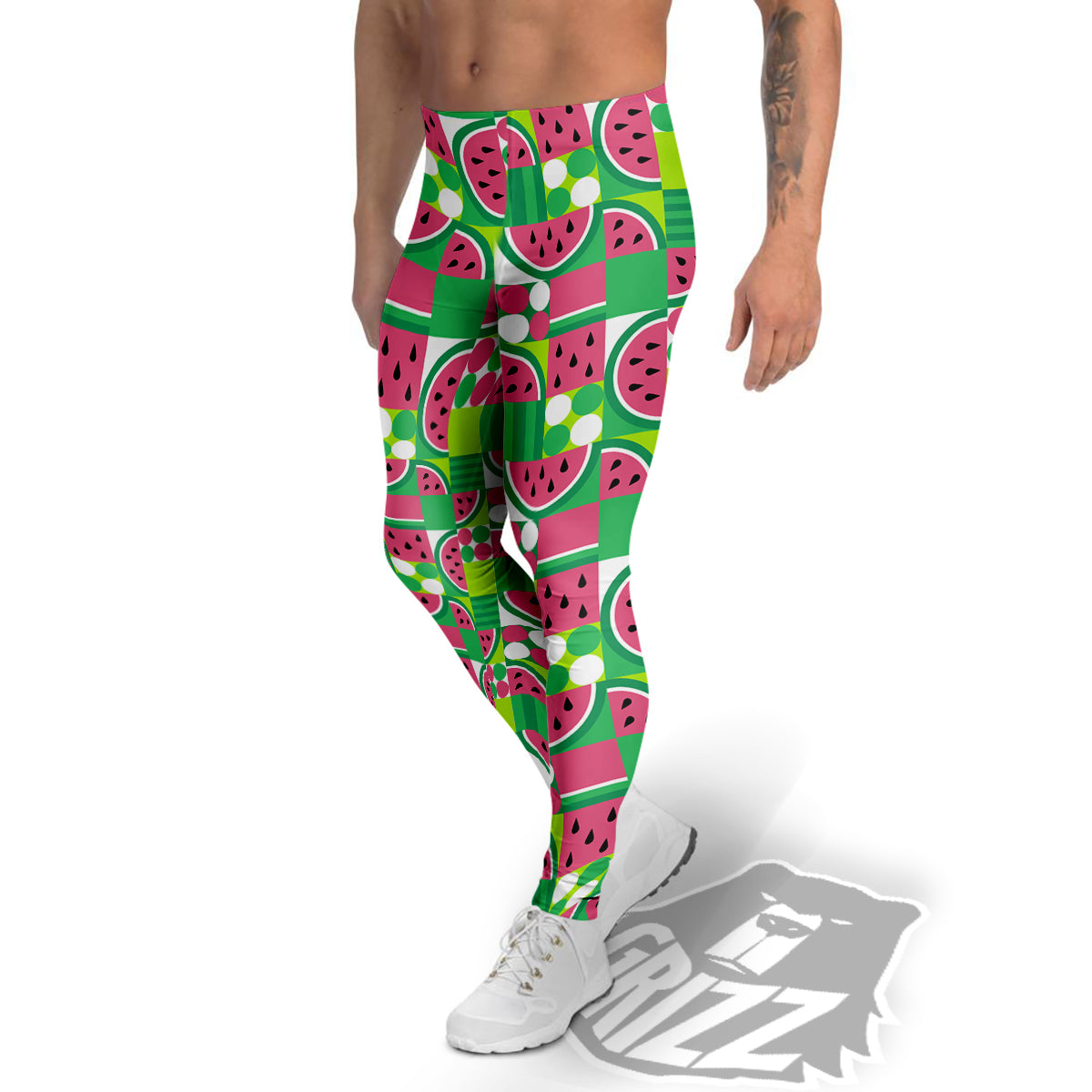 Watermelon Fruit Slice Geometric Print Men's Leggings-grizzshop