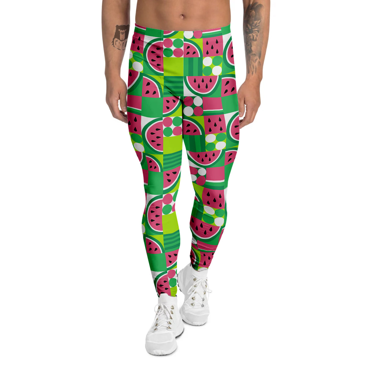 Watermelon Fruit Slice Geometric Print Men's Leggings-grizzshop