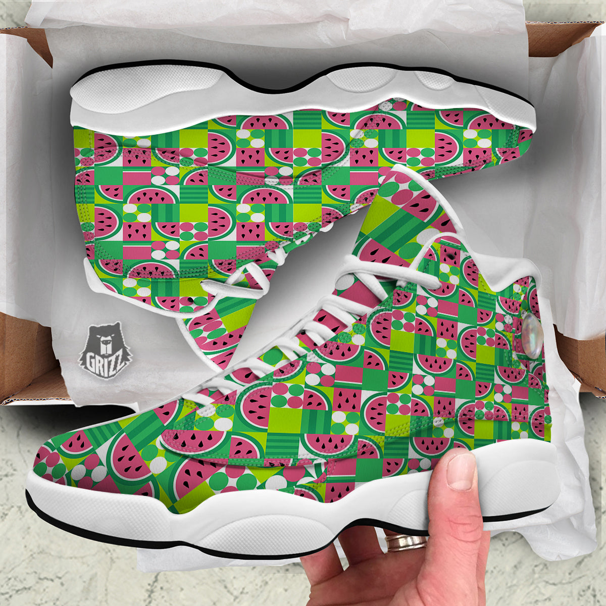 Watermelon Fruit Slice Geometric Print White Basketball Shoes-grizzshop