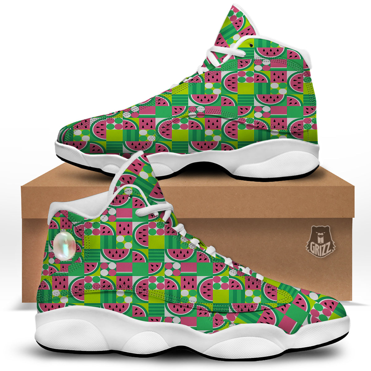 Watermelon Fruit Slice Geometric Print White Basketball Shoes-grizzshop