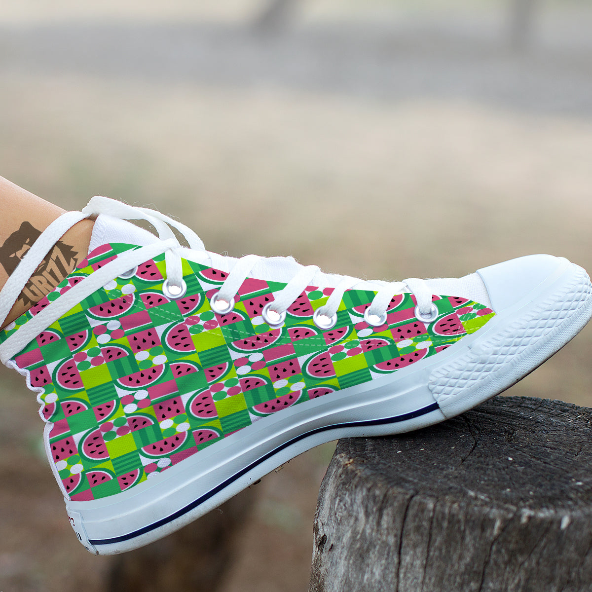 Watermelon Fruit Slice Geometric Print White High Top Shoes-grizzshop
