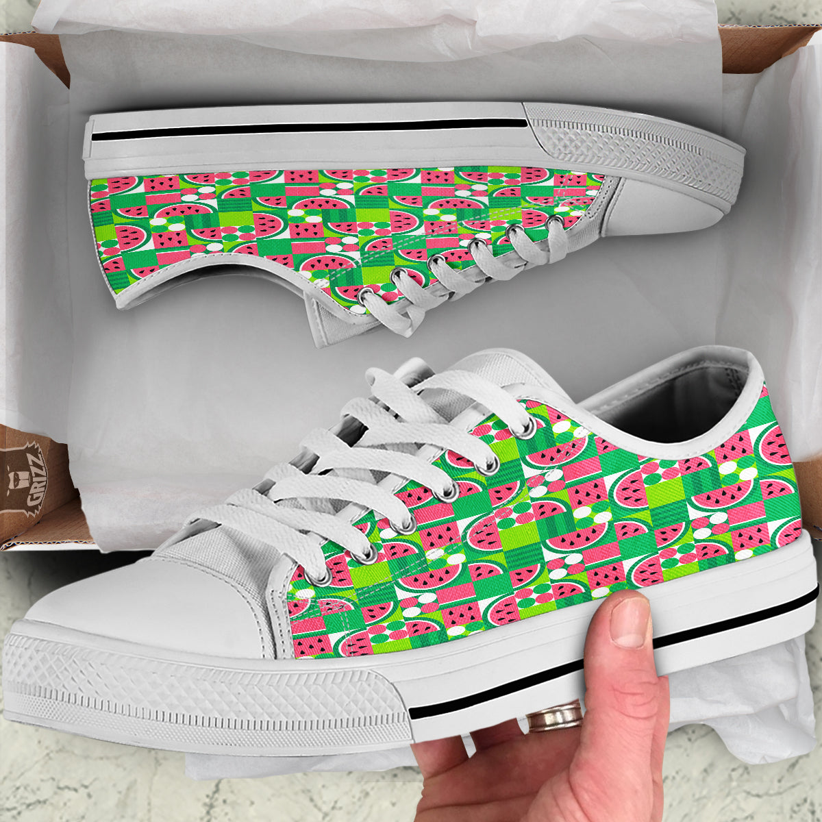 Watermelon Fruit Slice Geometric Print White Low Top Shoes-grizzshop