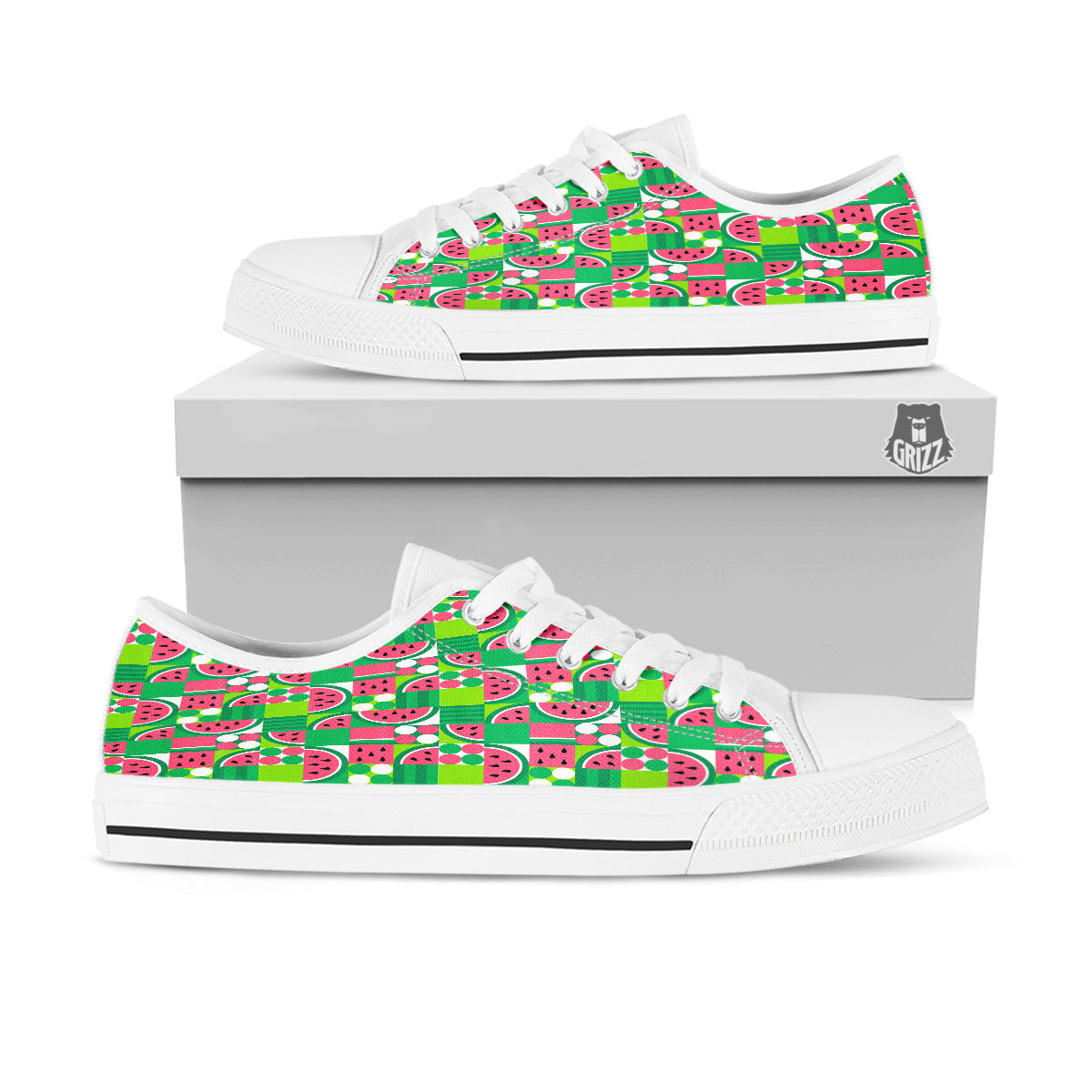 Watermelon Fruit Slice Geometric Print White Low Top Shoes-grizzshop