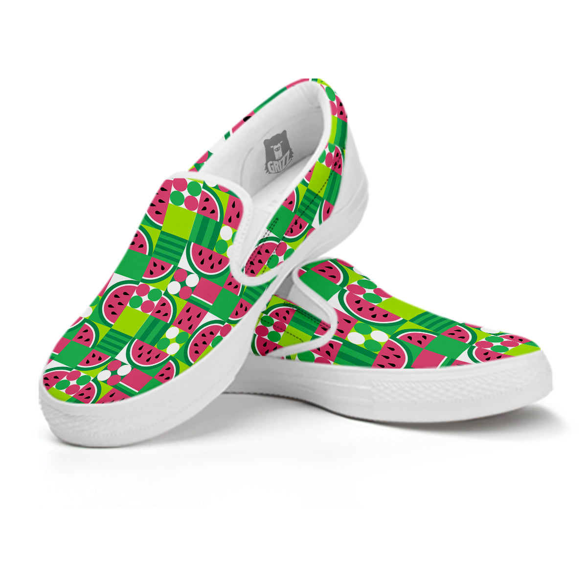 Watermelon Fruit Slice Geometric Print White Slip On Shoes-grizzshop
