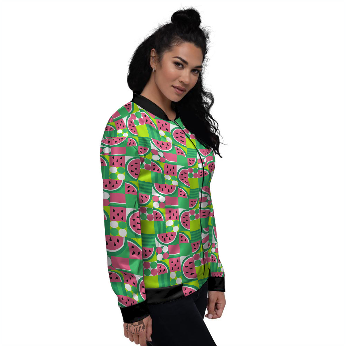 Watermelon Fruit Slice Geometric Print Women's Bomber Jacket-grizzshop