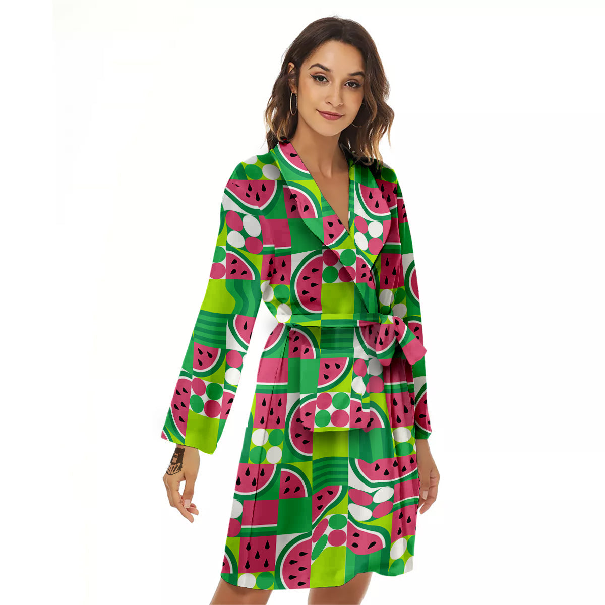 Watermelon Fruit Slice Geometric Print Women's Robe-grizzshop