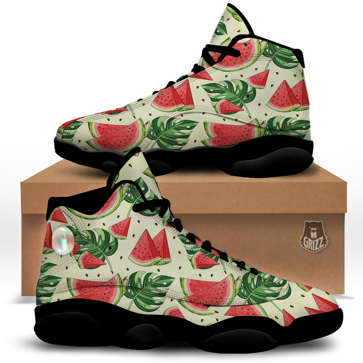 Watermelon Leaf Tropical Print Pattern Black Basketball Shoes-grizzshop