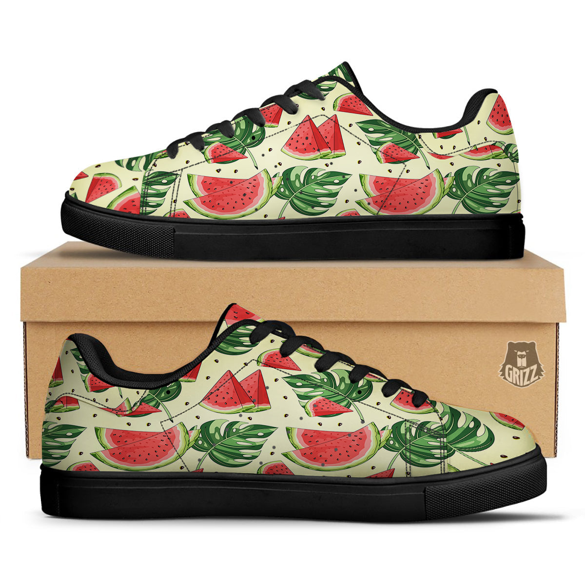 Watermelon Leaf Tropical Print Pattern Black Low Top Sneakers-grizzshop