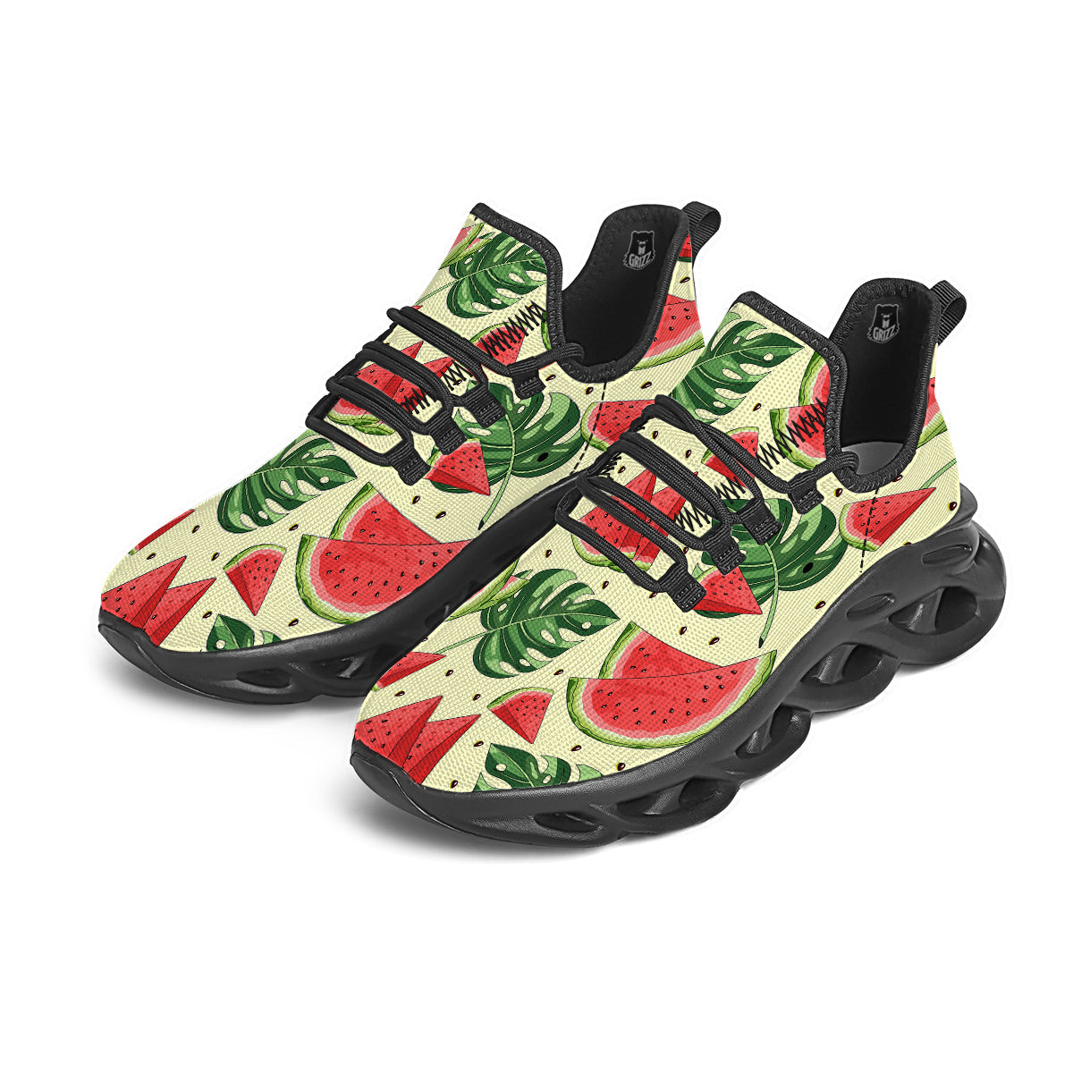 Watermelon Leaf Tropical Print Pattern Black Running Shoes-grizzshop