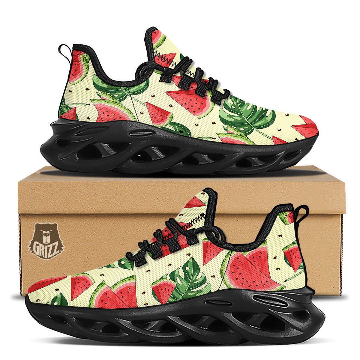 Watermelon Leaf Tropical Print Pattern Black Running Shoes-grizzshop