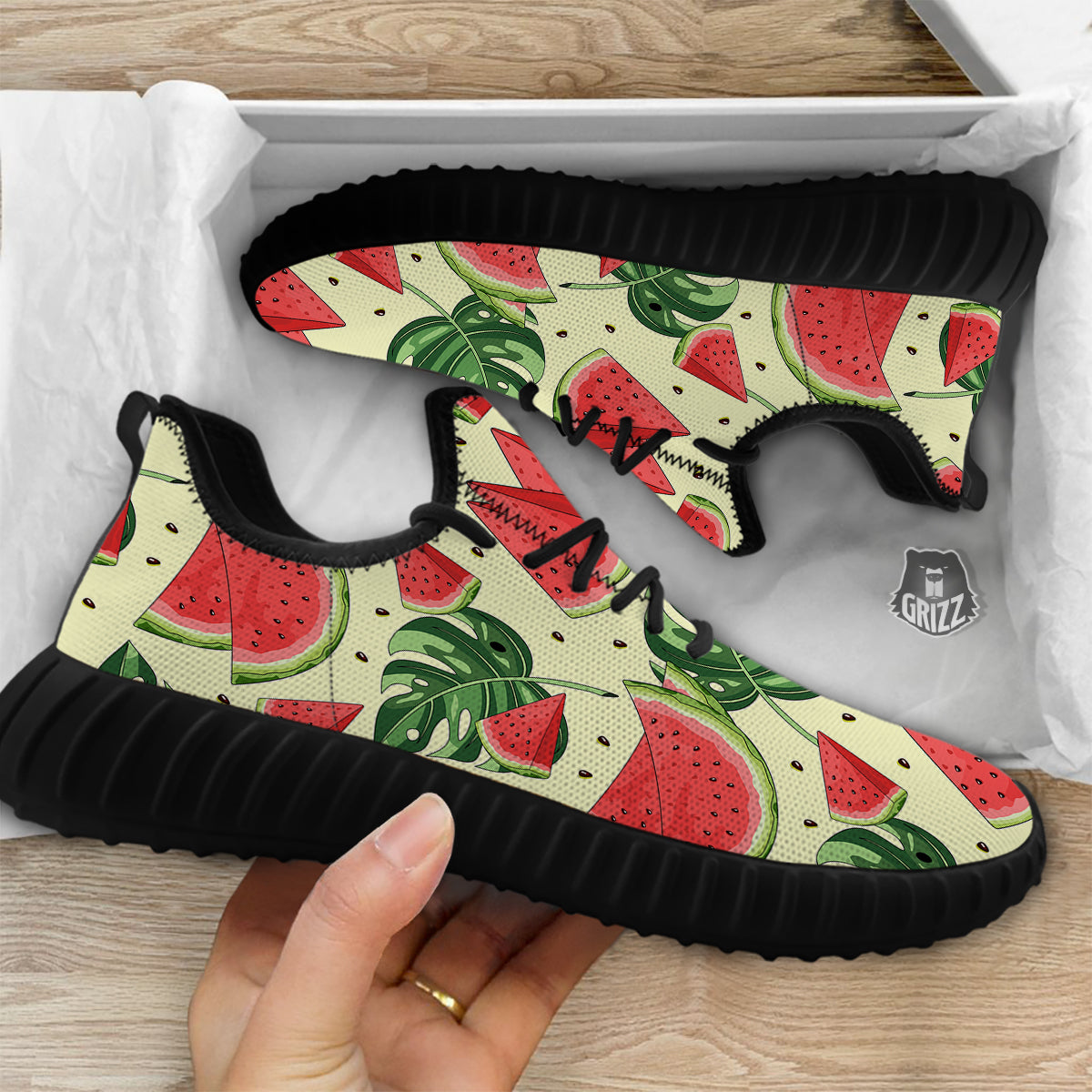 Watermelon Leaf Tropical Print Pattern Black Walking Shoes-grizzshop